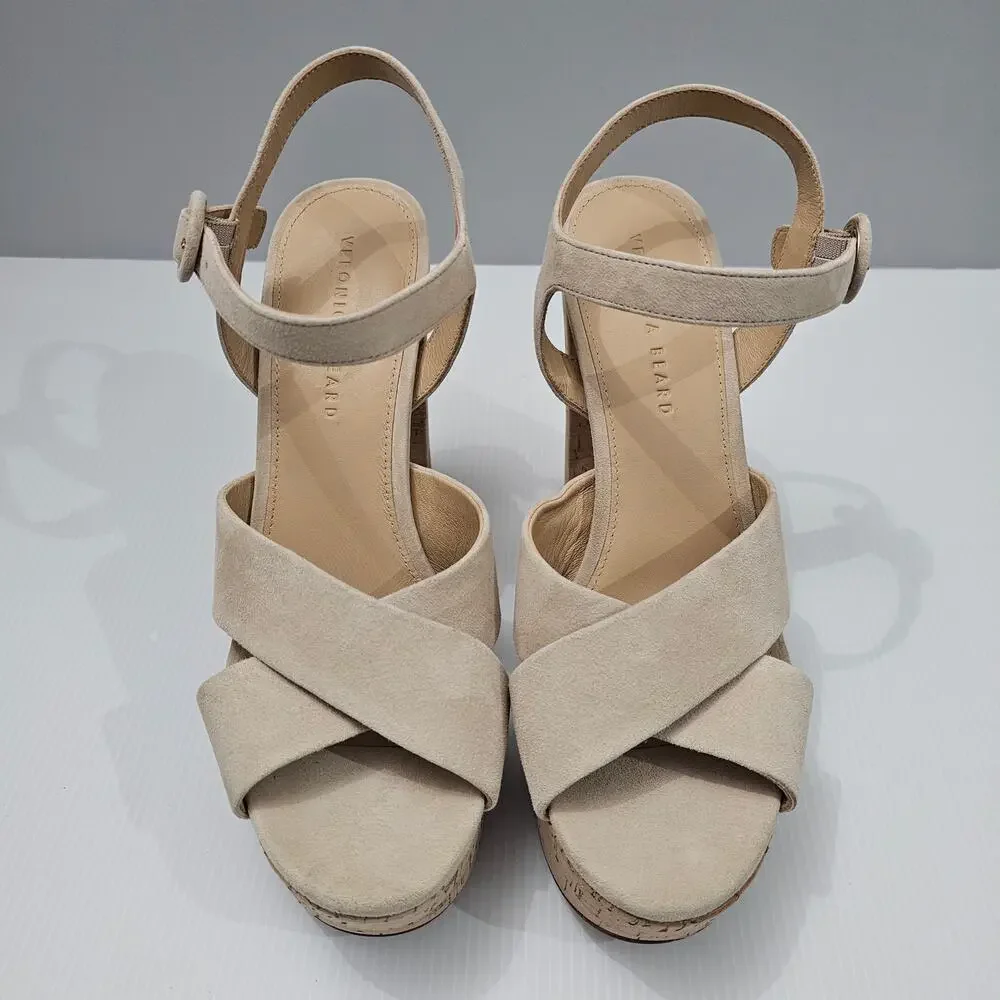 Veronica Beard Lucille Platform Sandal Womens 10 Ecru Suede Cork Block Heel